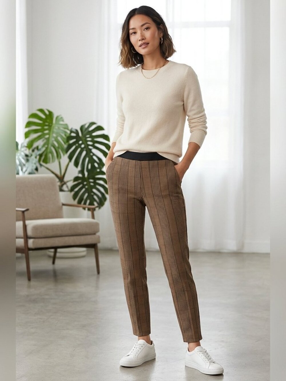 A New Day Tan Checkered Ankle Trousers Side Zip Size 6